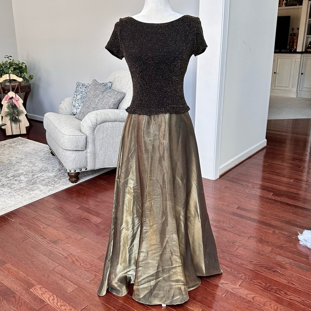 Vintage JS Collections Iridescent Gold Black Glitter Gown Dress Size 10